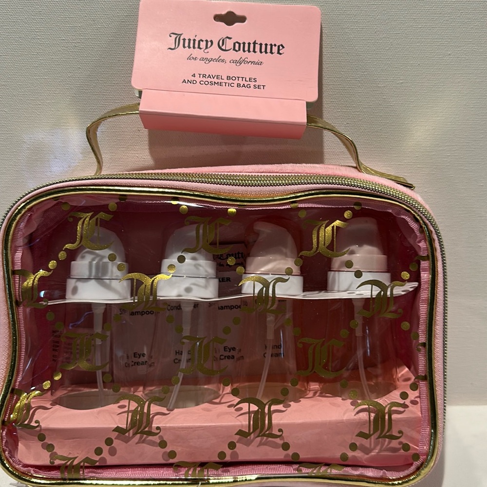 Juicy Couture Cosmetics Bag Set of 4 Travel Bottles in Clear, Black and …